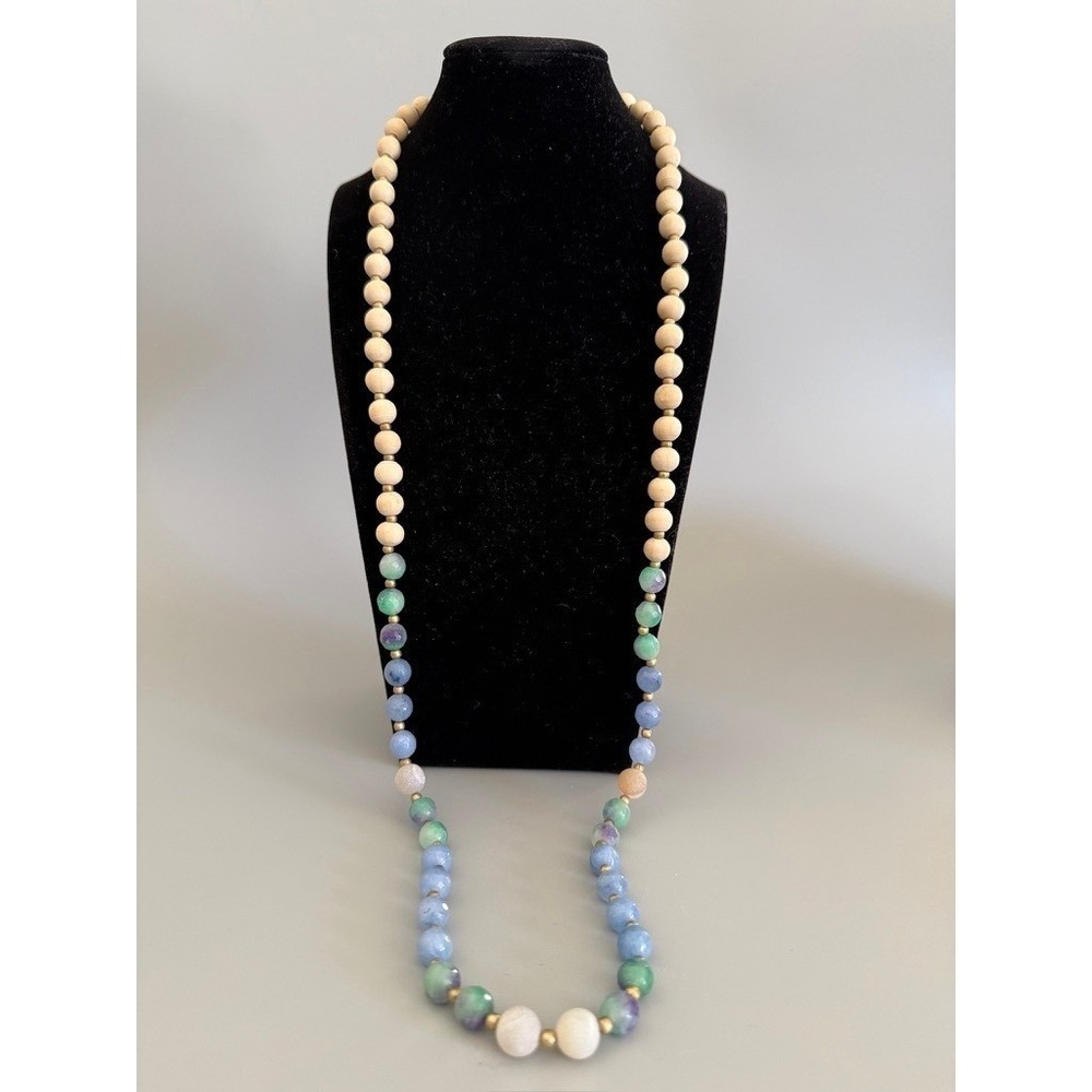 Long Aqua Blue Stone and Wood Bead Necklace 40" Pastel